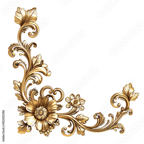 Ornate golden floral corner design element for decoration isolated on transparent background