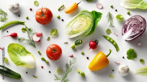 Vibrant mix of fresh vegetables arranged on a white background. Healthy eating concept.