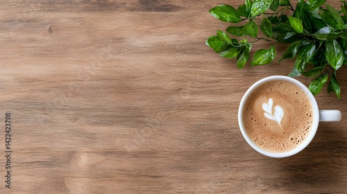 Coffee and leaves on wooden background