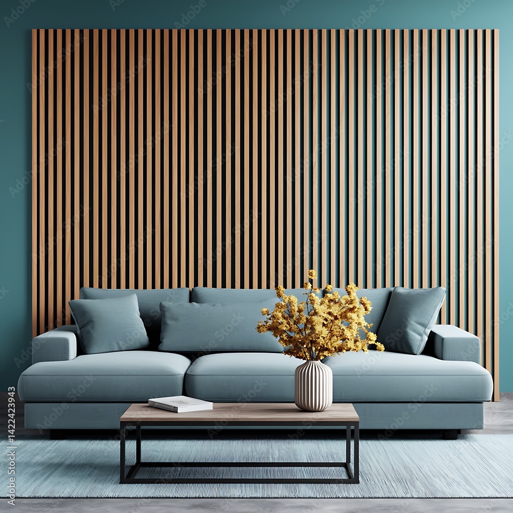 Modern living space: Light blue sofa, wooden slat wall, minimalist decor, and contemporary interior design elements for inspiration.