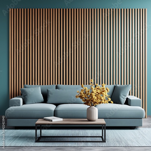 Obraz na płótnie Modern living space: Light blue sofa, wooden slat wall, minimalist decor, and contemporary interior design elements for inspiration. w salonie