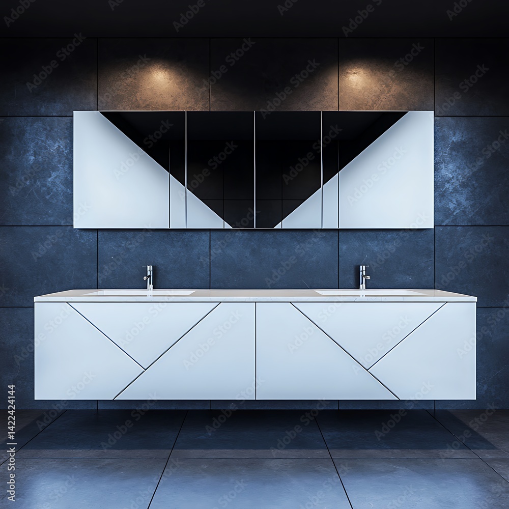 Modern minimalist bathroom with geometric vanity, sleek fixtures, and textured wall provides a stylish and calming space.