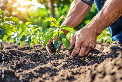 Hands planting seedlings in fertile soil