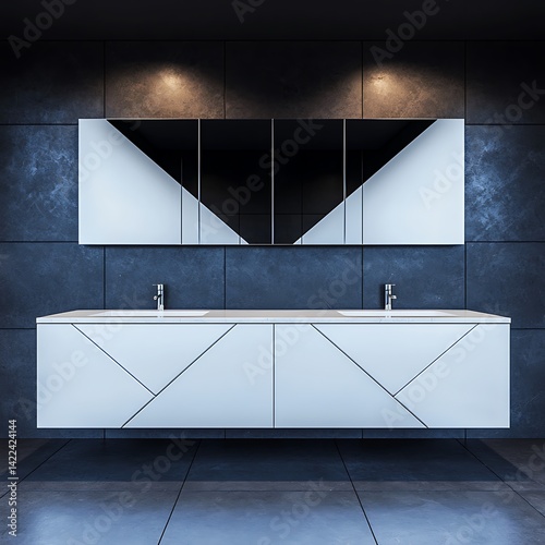Obraz na płótnie Modern minimalist bathroom with geometric vanity, sleek fixtures, and textured wall provides a stylish and calming space. w salonie