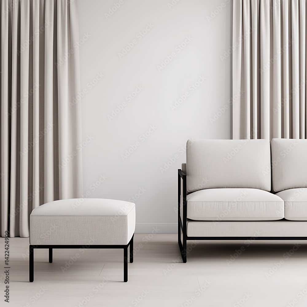 Modern Minimalist Interior Featuring Neutral Sofa, Ottoman, and Draped Curtains Against a Plain Wall.