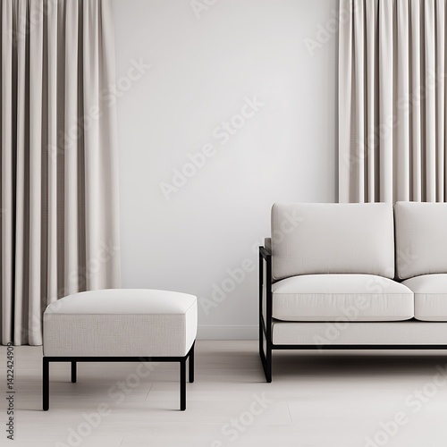 Obraz na płótnie Modern Minimalist Interior Featuring Neutral Sofa, Ottoman, and Draped Curtains Against a Plain Wall. w salonie