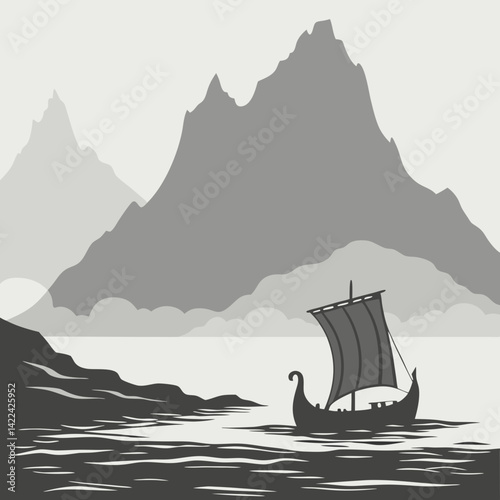 Lonely Viking Ship Sailing Through Fog with Dramatic Mountains Ahead