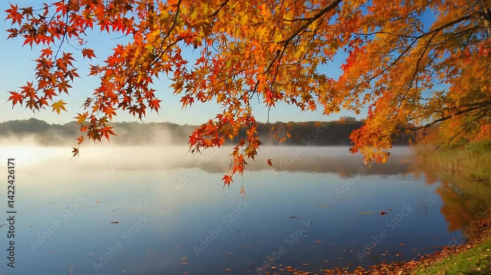 Autumnal foliage over calm lake in mist.