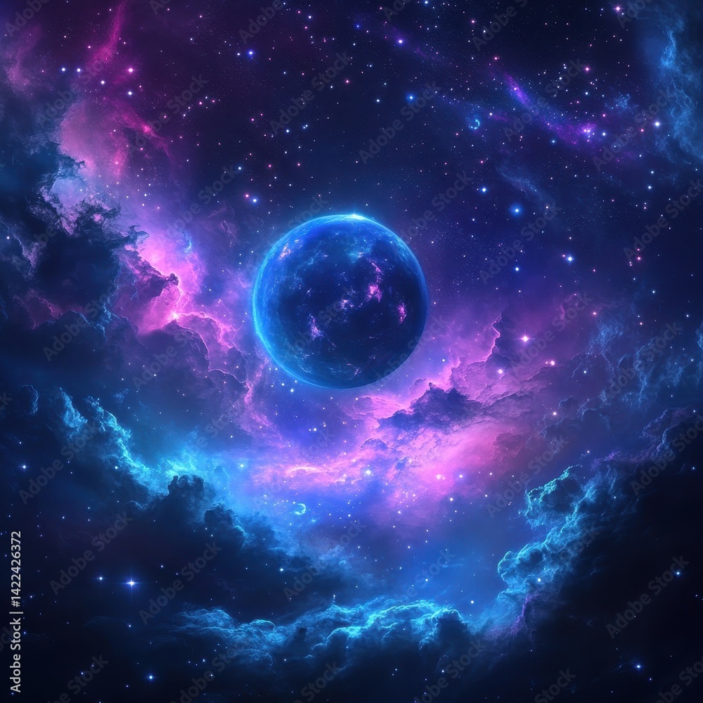 Vibrant celestial sphere within a nebula of cosmic clouds. Vibrant celestial sphere within a nebula of cosmic clouds.