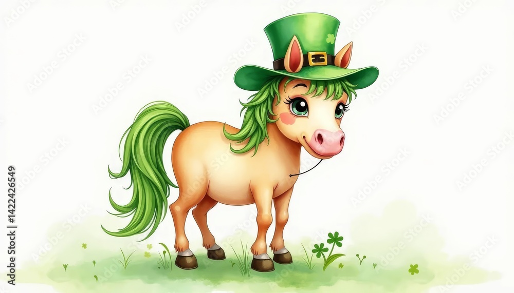 Naklejka premium Cute cartoon pony with green mane and leprechaun hat, standing on grass with clovers, celebrating St. Patrick's Day