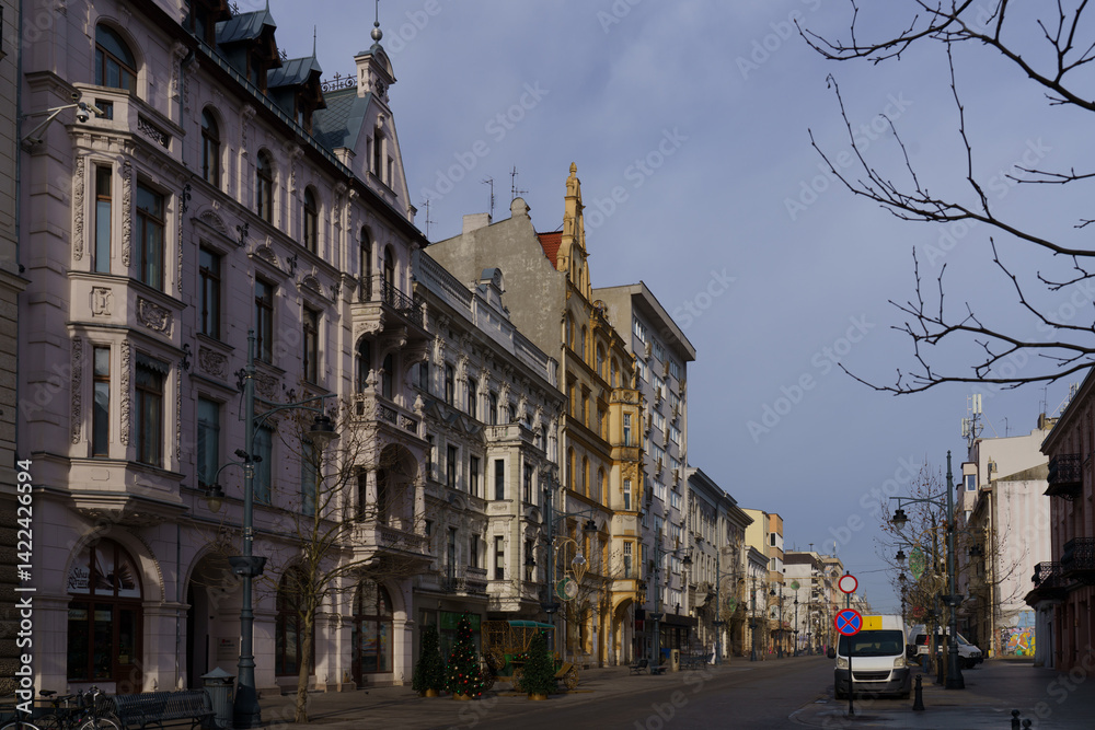 Architectural diversity on Piotrkowska Street in Łódź, Poland..