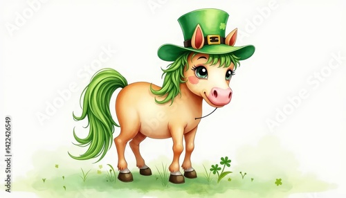Cute cartoon pony with green mane and leprechaun hat, standing on grass with clovers, celebrating St. Patrick's Day