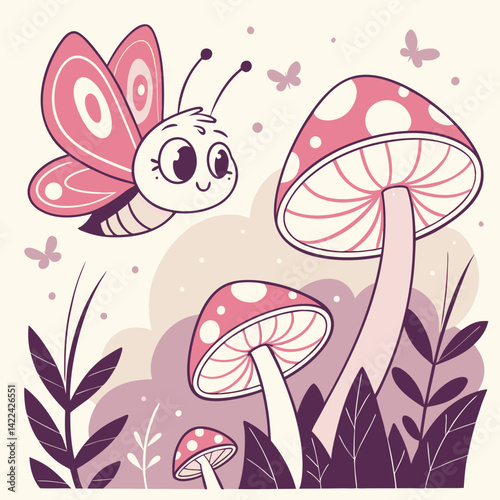 Cute Cartoon Butterfly Playing in a Magical Garden of Mushrooms