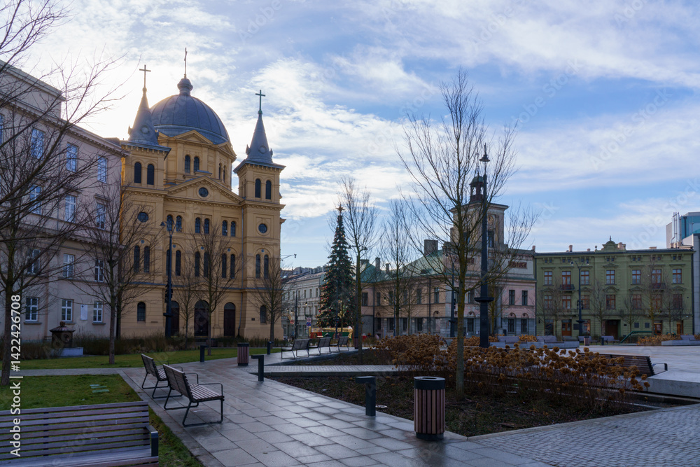 Church of the Holy Spirit and Liberty Square in Łodz, Poland..