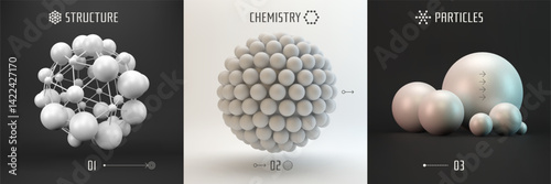 Molecule. A sphere of small balls. Concepts of chemical investigation, diagram of structure of molecule. A group of atoms. Scientific illustration. 3D vector for brochure, poster, presentation, flyer.