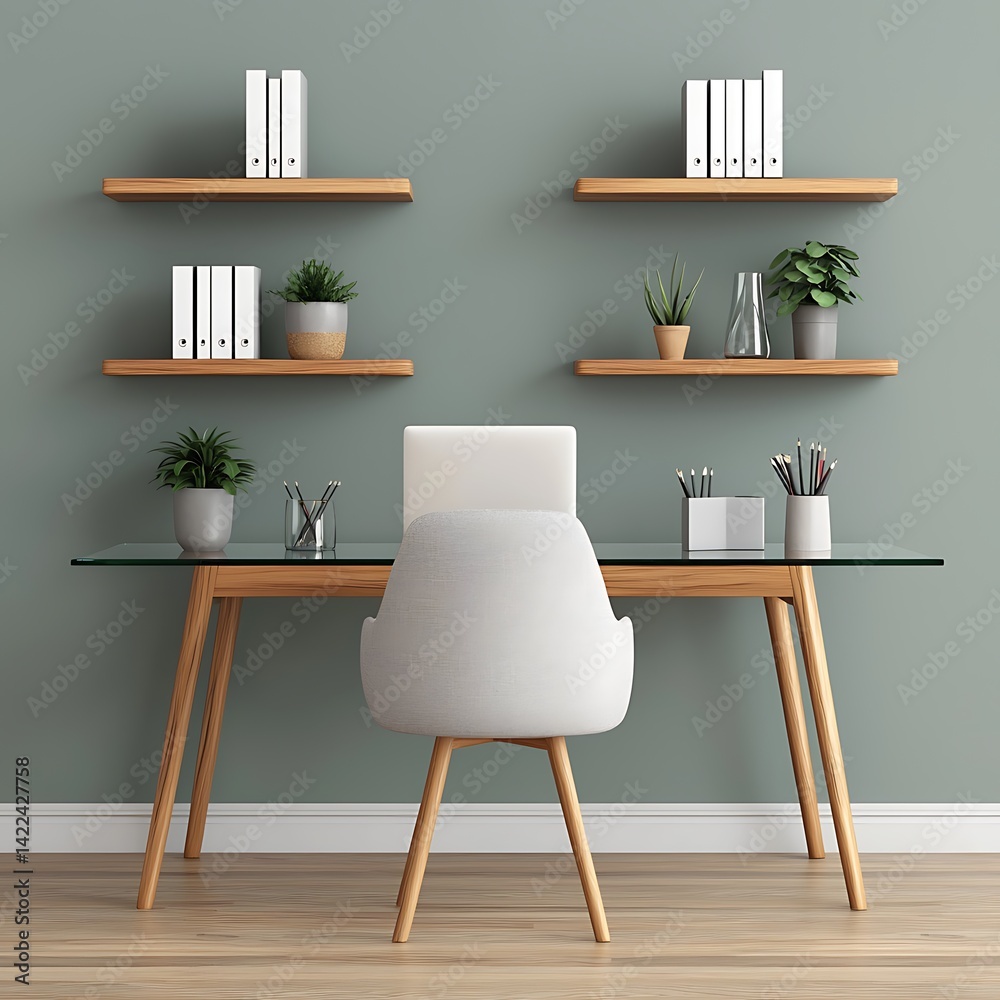 Modern Workspace: Stylish Desk with Laptop, Shelves, Plants, and White Chair for Minimalist Home Office Decor Inspiration.