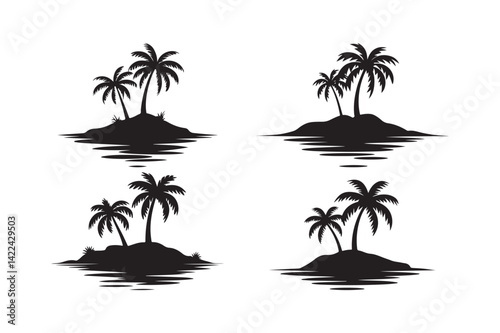 Palm Tree Island Silhouette Tropical Beach Clipart for Summer Crafts and Designs