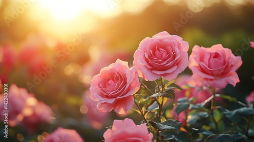 Beautiful pink roses blooming in sunset golden light garden soft plant image macro flora fresh color