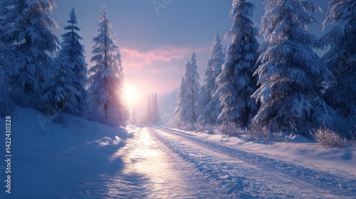 Snow-Covered Winter Road: Serene Sunset in a Snowy Forest