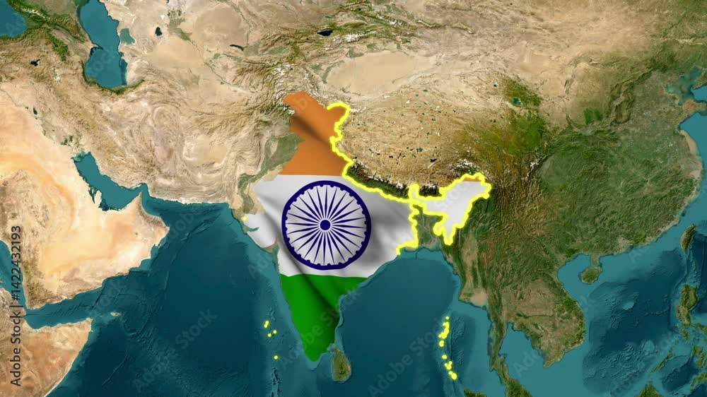 Indian Territory Map Highlighted with Flag and Satellite Background animation video, 3D Rendered India Map with Tricolor and Ashoka Chakra animation video