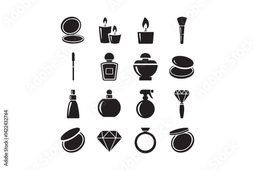 Beauty and Cosmetics Icon Set Makeup, Skincare, Jewelry, Fragrance, Spa Symbols
