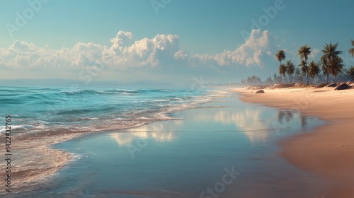Serene Tropical Beach: Azure Waves, Golden Sands, and Palm Trees