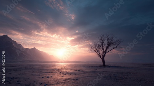 Lonely Tree Sunset: Serene Desert Landscape with Mountains