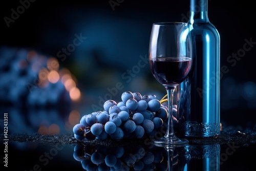 Dark Moody Still Life: Red Wine, Grapes, and Glass