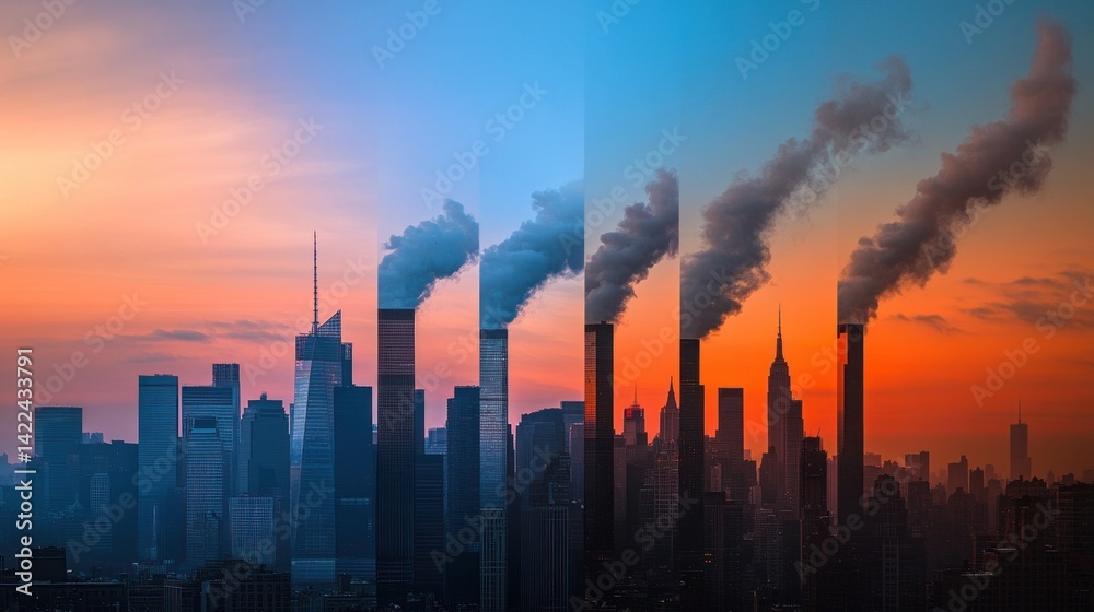 Fototapeta premium New York City skyline at sunrise/sunset, contrasted with industrial pollution.