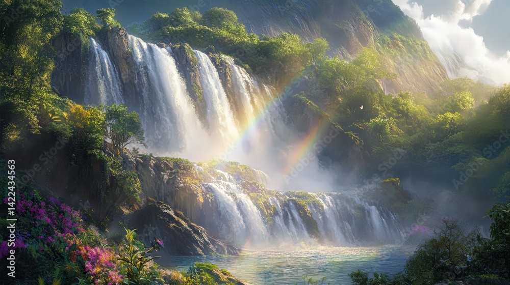 Fototapeta premium Beautiful waterfalls cascade down lush mountain slopes with a rainbow