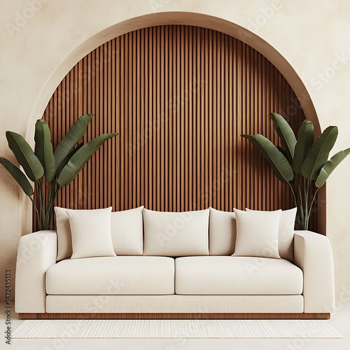 Serene living space featuring a comfortable couch with wooden accents, lush foliage, and a textured wall backdrop, perfect for relaxation.