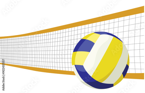Beach volleyball net and ball. Net and ball for playing on the beach or shore. Sports equipment. Vector banner image on transparent background in flat style.