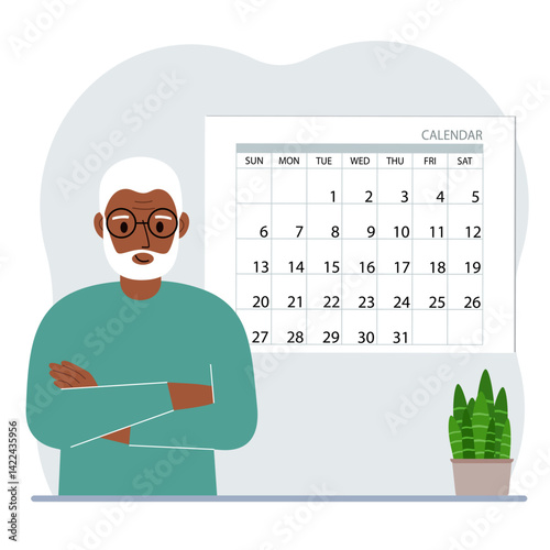 A man plans his schedule, meetings for a month, holidays, weekends and important dates. Time management and optimization. Big calendar and a man.