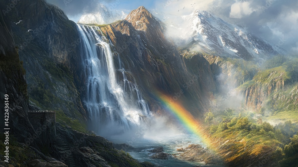 Fototapeta premium Beautiful mountain landscape features cascading waterfall and vibrant rainbow