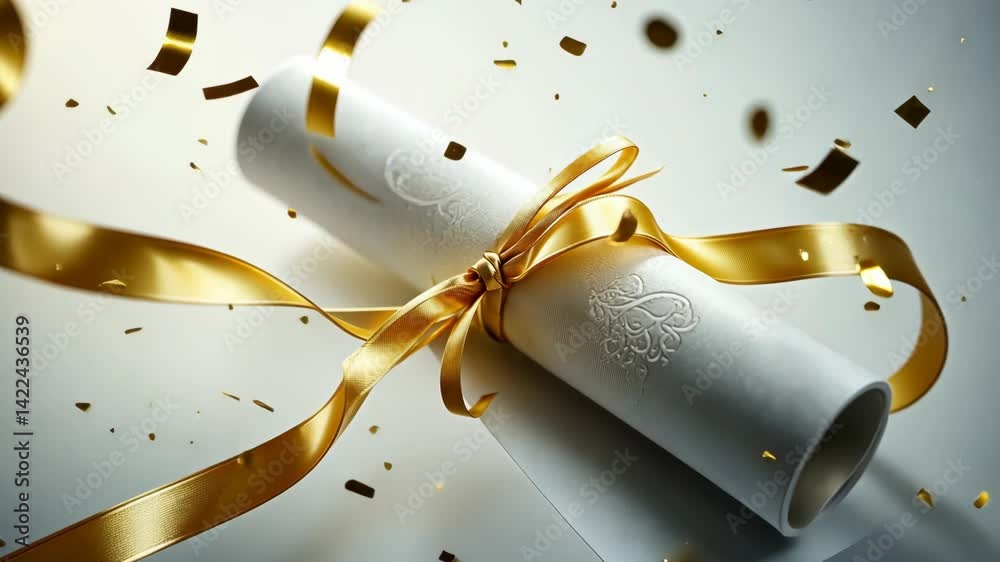 Elegant graduation celebration with golden confetti and diploma rolls