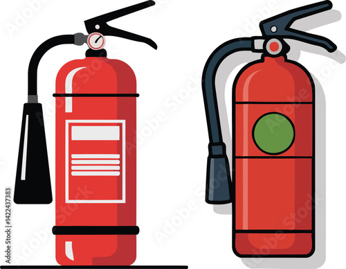 Red flat vector illustration Fire Extinguisher Icons with Hoses and Nozzles