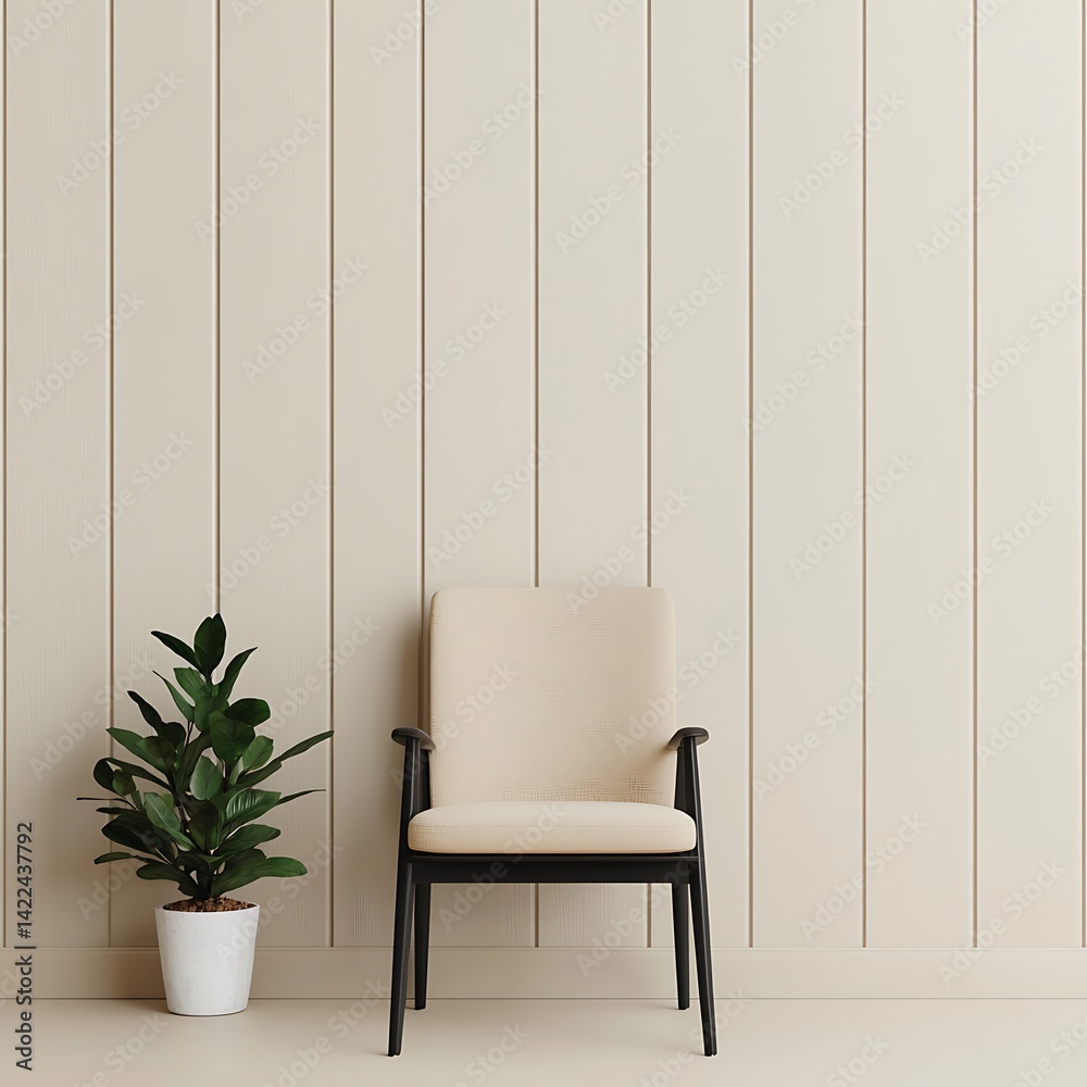 Stylish Minimalist Room Interior Featuring Armchair and Potted Plant Against a Paneled Wall for Peaceful Home Decor.