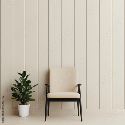 Obraz na płótnie Stylish Minimalist Room Interior Featuring Armchair and Potted Plant Against a Paneled Wall for Peaceful Home Decor. w salonie
