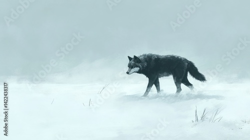 Solitary wolf in a snowy landscape, a muted palette of greys and whites.