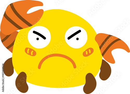 A cartoonish crab with a frowning expression, featuring large eyes and distinctive claws, giving off a comical yet grumpy vibe.