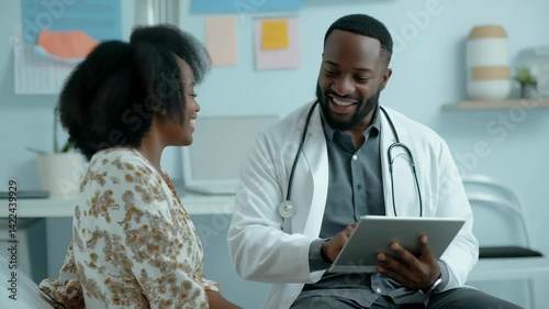 A doctor smiles and shows test results to his female patient on a tablet during an appointment. The atmosphere is positive, showing good bedside manners and compassionate care. 