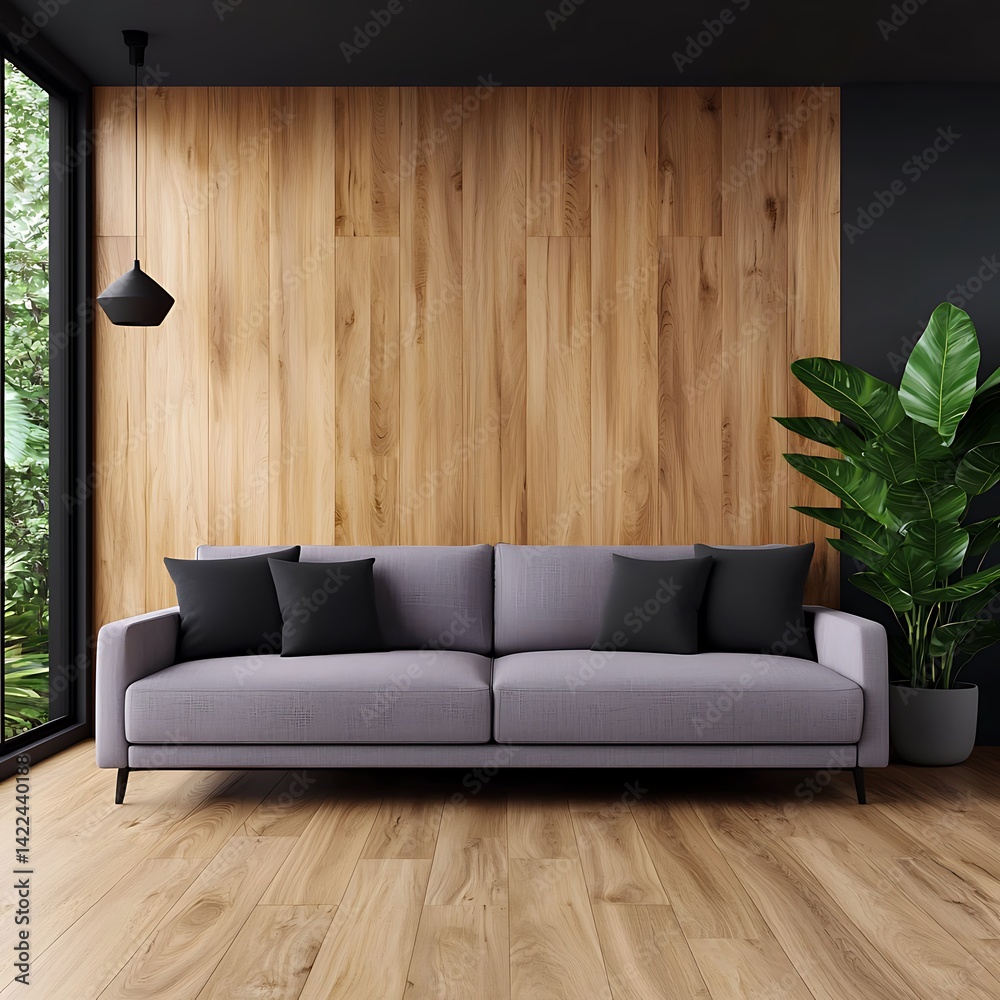 Modern Living Room Interior Design: Light Purple Sofa, Wooden Wall Panels, Black Accents, Green Plant and Wood Floor.