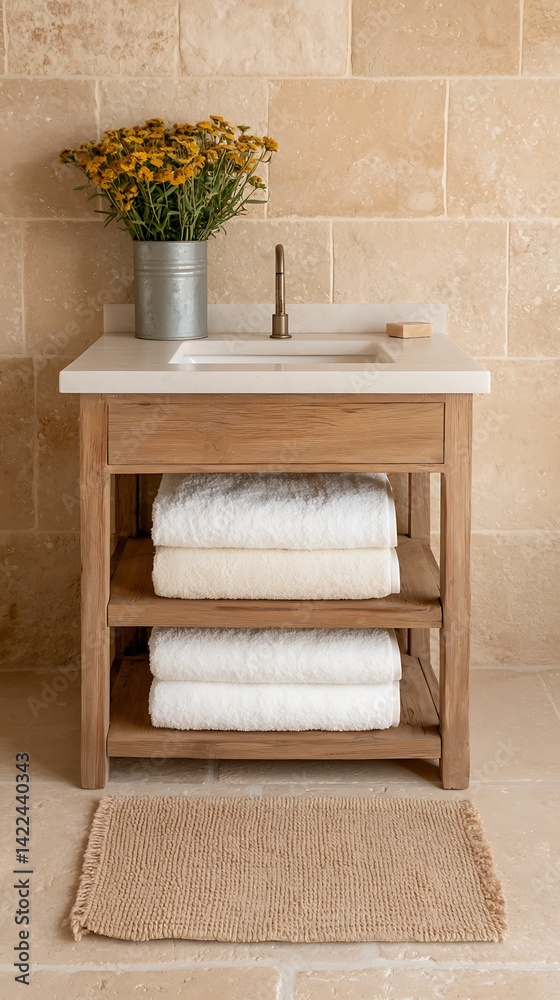 Elegant bathroom interior featuring a wooden vanity with a white countertop, fresh flowers, and plush towels.