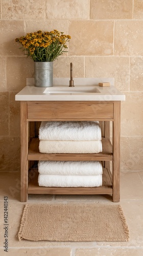 Obraz na płótnie Elegant bathroom interior featuring a wooden vanity with a white countertop, fresh flowers, and plush towels. w salonie