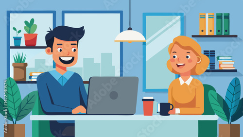 “A vector illustration of two people having a friendly conversation in a modern office room. Both individuals are smiling and appear to be in a cheerful, relaxed mood. One is sitting at a desk