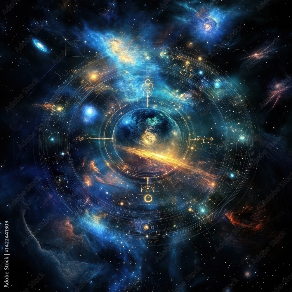 Fototapeta premium Cosmic clockwork universe, a swirling galaxy view.