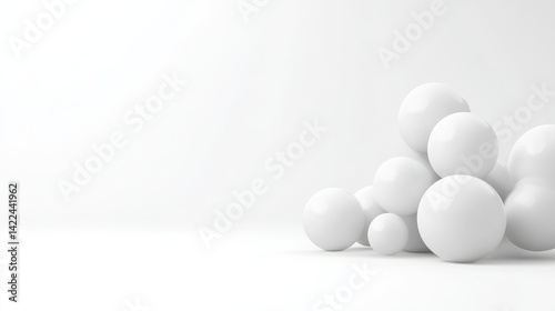 White Spheres Cluster Minimalist Design High-resolution Subtle Lighting Wide Landscape View Smooth Surfaces Aggregation Static White Background Pure Clean Aesthetic Website Design