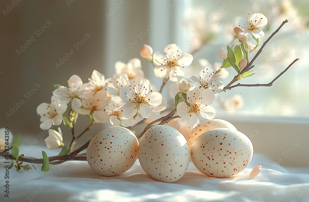Fototapeta premium Speckled Easter Eggs with Pink Cherry Blossoms Phone Wallpaper – Delicate Spring Branch & Soft Window Light | Mobile Background