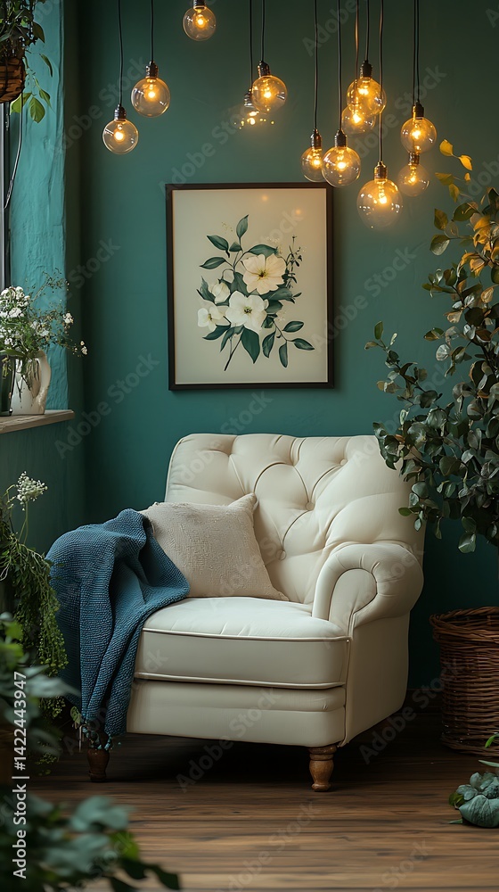 Cozy Green Room with Comfortable Armchair, Floral Artwork, Ambient Lighting, and Natural Plants Decor, Ideal for Relaxation