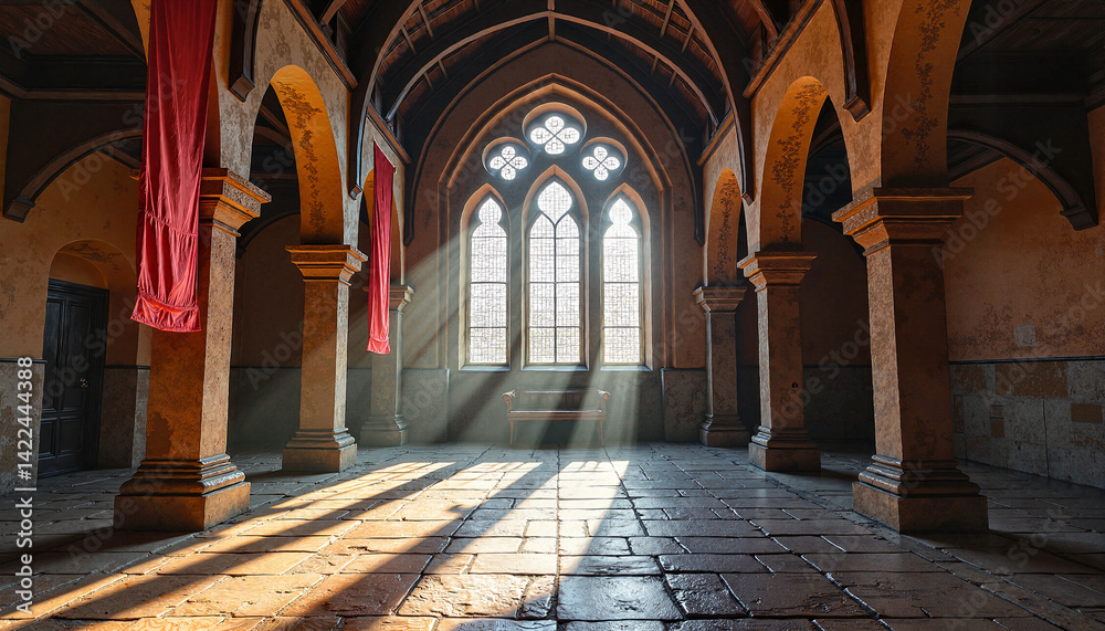 Obraz premium Sunlight streaming through stained glass in grand hall, serene atmosphere